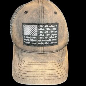 Columbia PFG Fish Flag Mesh Back Hat - Khaki/Grey - Size S/M - Distressed Style